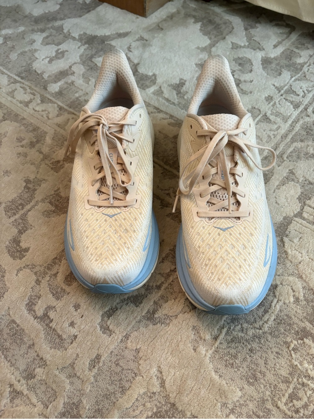 Hoka Women's Running Shoes in Beige with Light Blue Accents